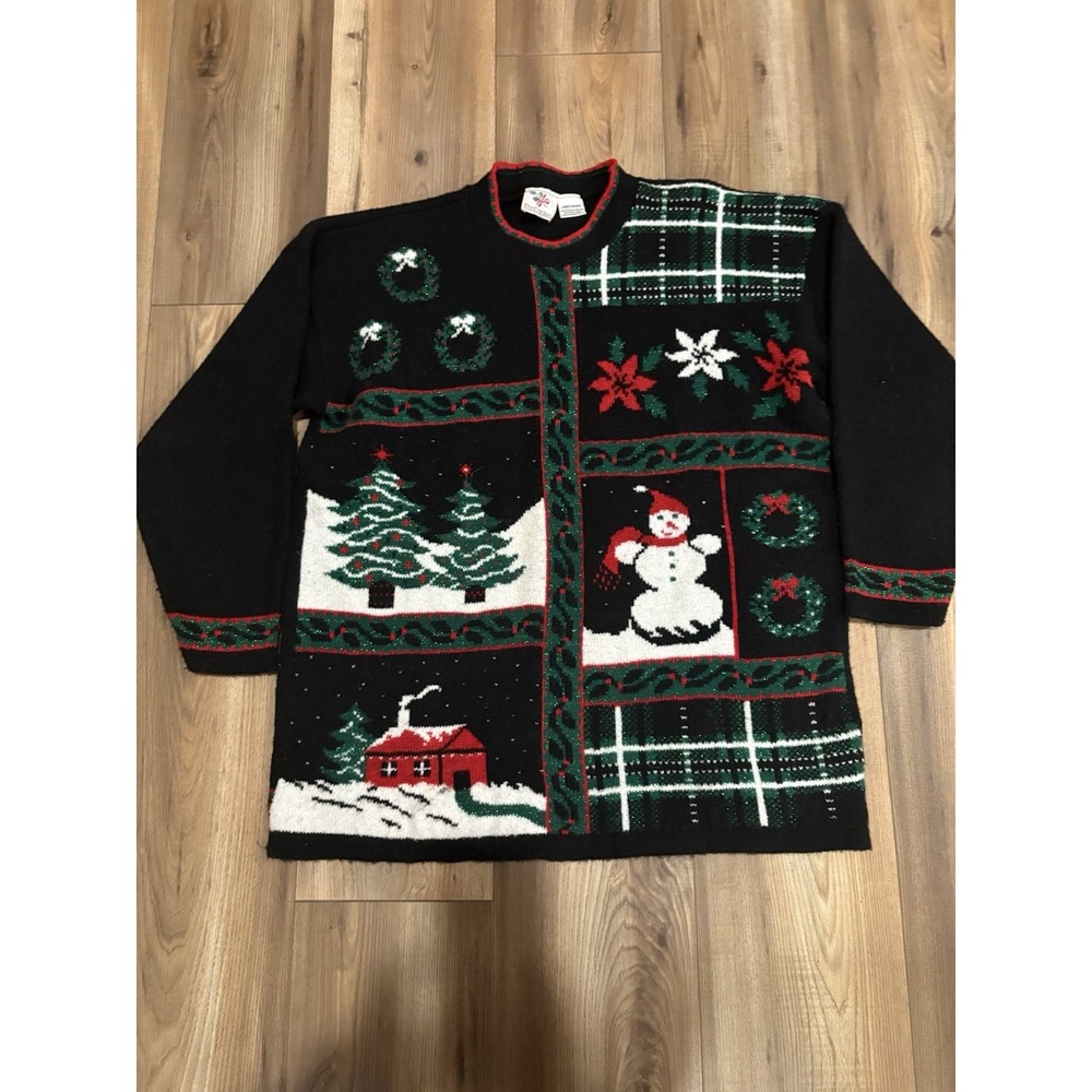 Vintage Nutcracker‎ Christmas Sweater Women Large Made In USA Snowman Tree Black